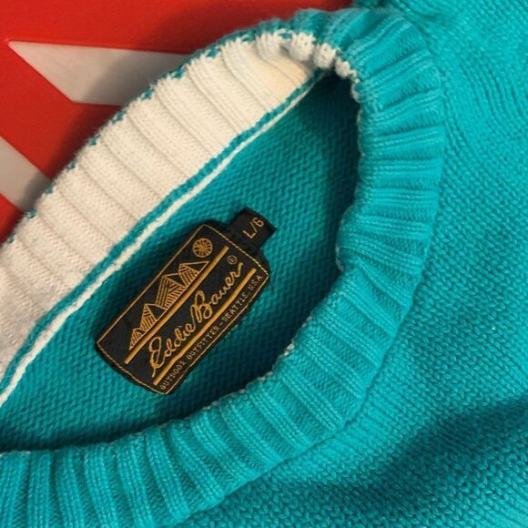 EDDIE BAUER 100% cotton sweater green red striped mens sz L - Picture 5 of 7